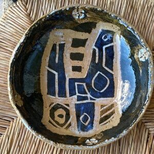 Glazed Indian Pottery Bowl Studio Art Blue Tan Brown